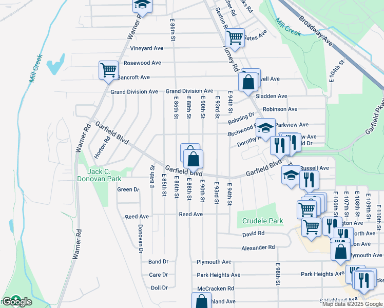 map of restaurants, bars, coffee shops, grocery stores, and more near 4754 East 88th Street in Garfield Heights