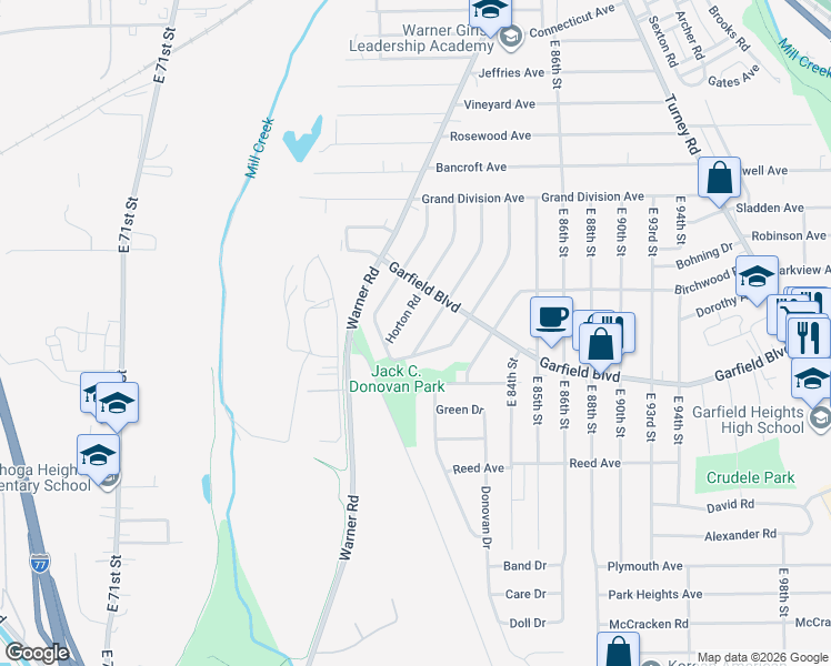 map of restaurants, bars, coffee shops, grocery stores, and more near 4798 Rockwood Road in Garfield Heights