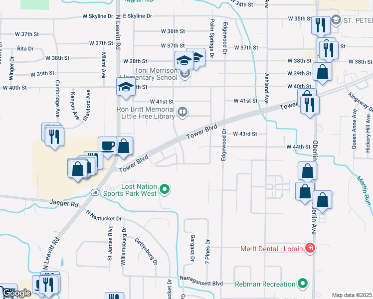 map of restaurants, bars, coffee shops, grocery stores, and more near 4403 Marshall Avenue in Lorain