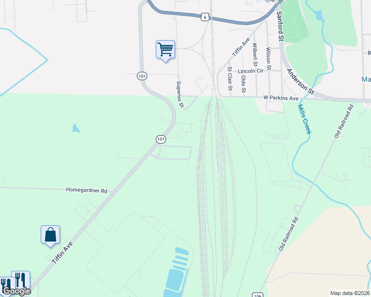 map of restaurants, bars, coffee shops, grocery stores, and more near 2614 Tiffin Avenue in Sandusky