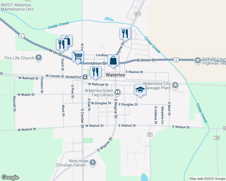 map of restaurants, bars, coffee shops, grocery stores, and more near 280 South Wayne Street in Waterloo