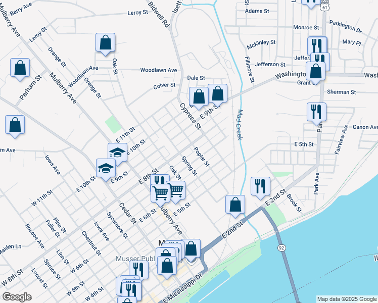 map of restaurants, bars, coffee shops, grocery stores, and more near 800 E 8th St in Muscatine