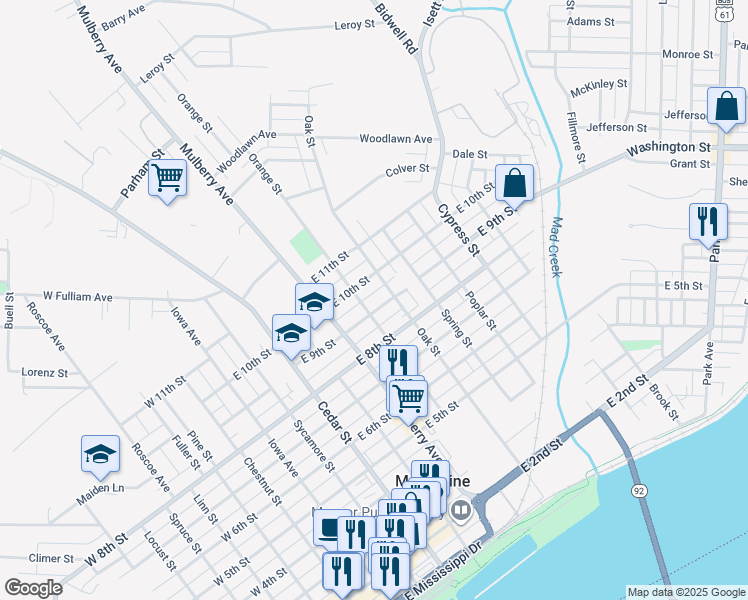 map of restaurants, bars, coffee shops, grocery stores, and more near 606 East 9th Street in Muscatine