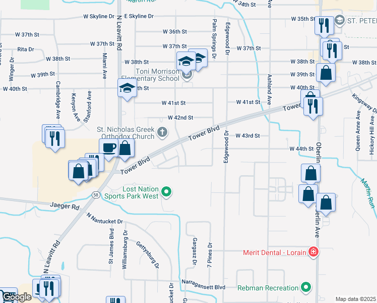 map of restaurants, bars, coffee shops, grocery stores, and more near 4323 Marshall Avenue in Lorain