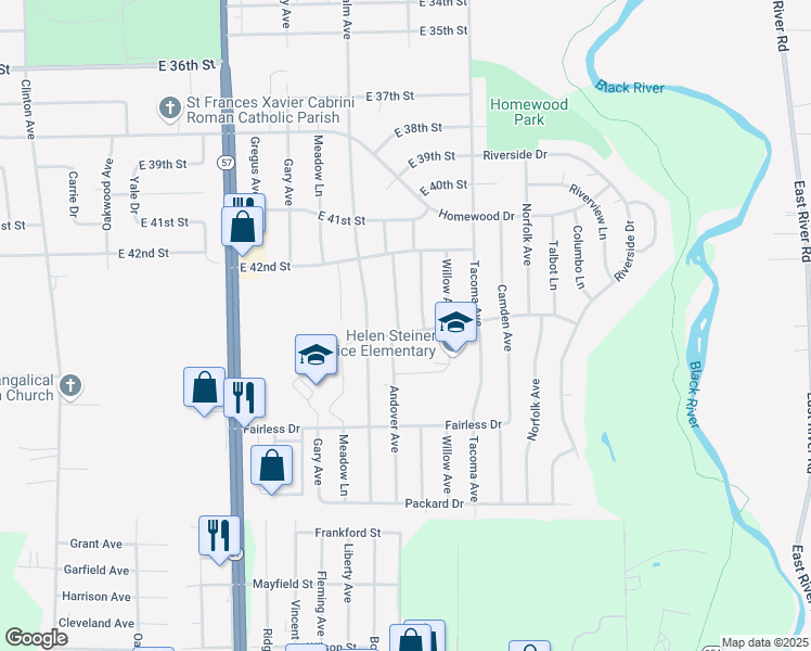 map of restaurants, bars, coffee shops, grocery stores, and more near 2461 Goble Drive in Lorain