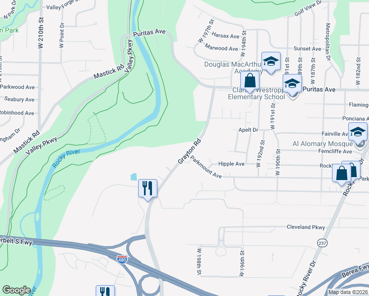 map of restaurants, bars, coffee shops, grocery stores, and more near 4612 Grayton Road in Cleveland