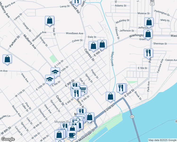 map of restaurants, bars, coffee shops, grocery stores, and more near 800 E 8th St in Muscatine