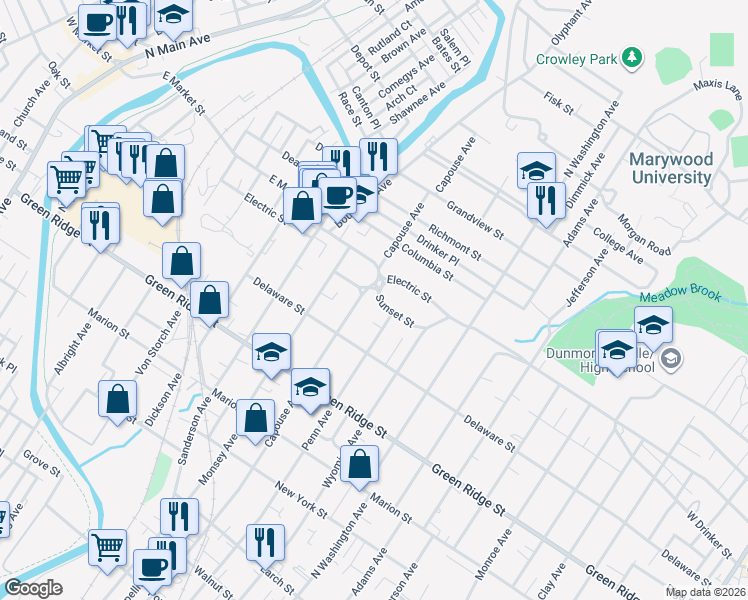 map of restaurants, bars, coffee shops, grocery stores, and more near 1740 Capouse Avenue in Scranton