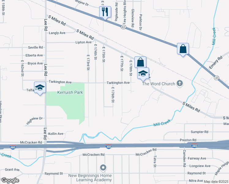 map of restaurants, bars, coffee shops, grocery stores, and more near 4747 East 176th Street in Cleveland