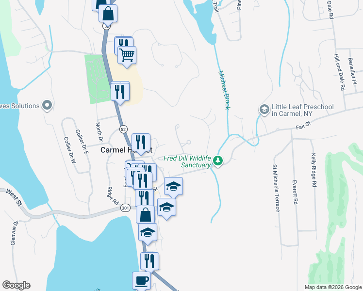 map of restaurants, bars, coffee shops, grocery stores, and more near 7 Woodland Trail in Carmel