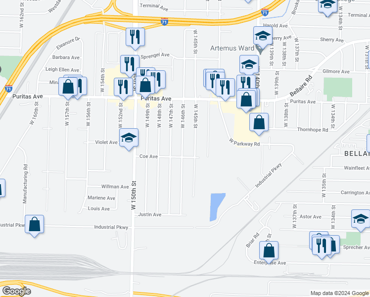 map of restaurants, bars, coffee shops, grocery stores, and more near 4561 West 146th Street in Cleveland