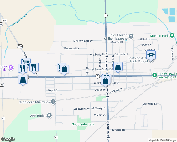 map of restaurants, bars, coffee shops, grocery stores, and more near 207 West Main Street in Butler