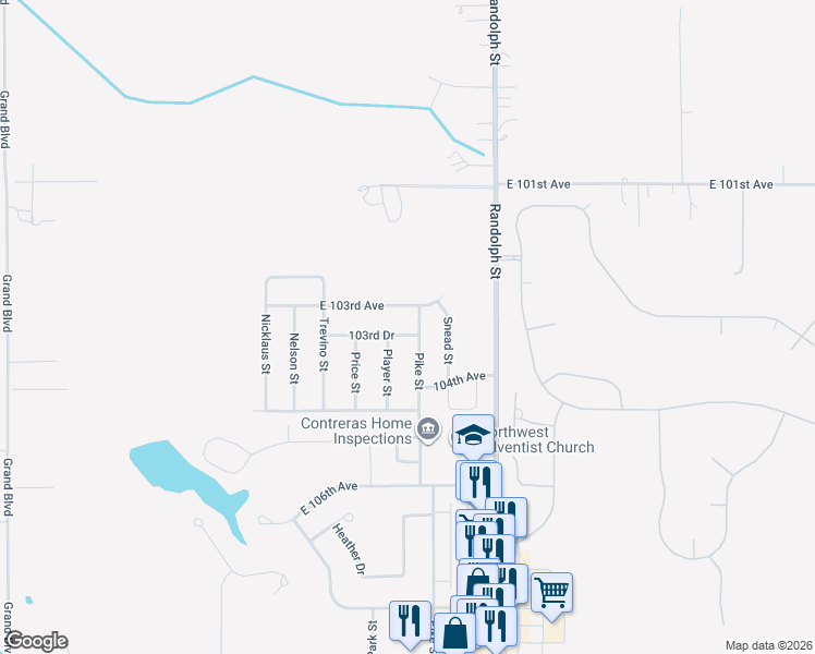 map of restaurants, bars, coffee shops, grocery stores, and more near 10341 Player Street in Crown Point