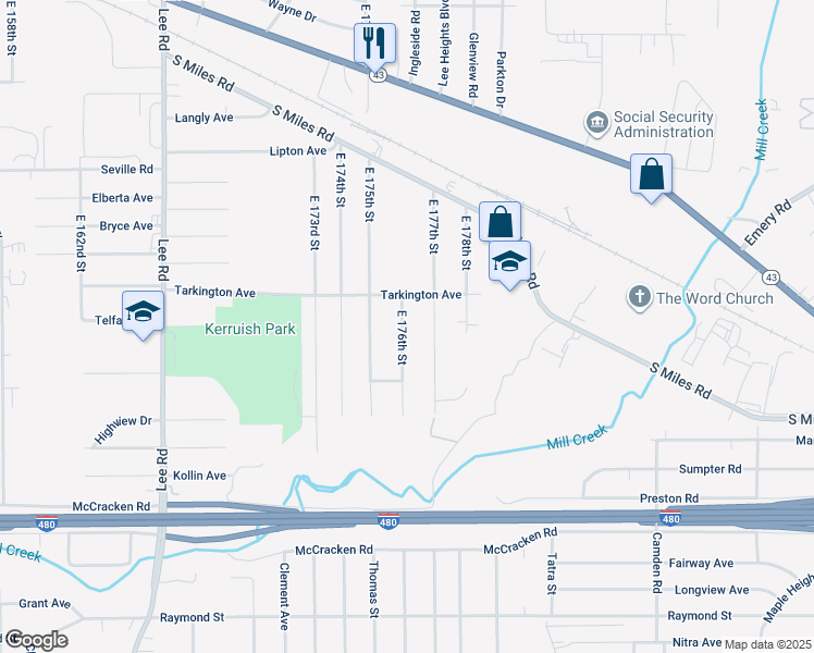 map of restaurants, bars, coffee shops, grocery stores, and more near 4747 East 176th Street in Cleveland