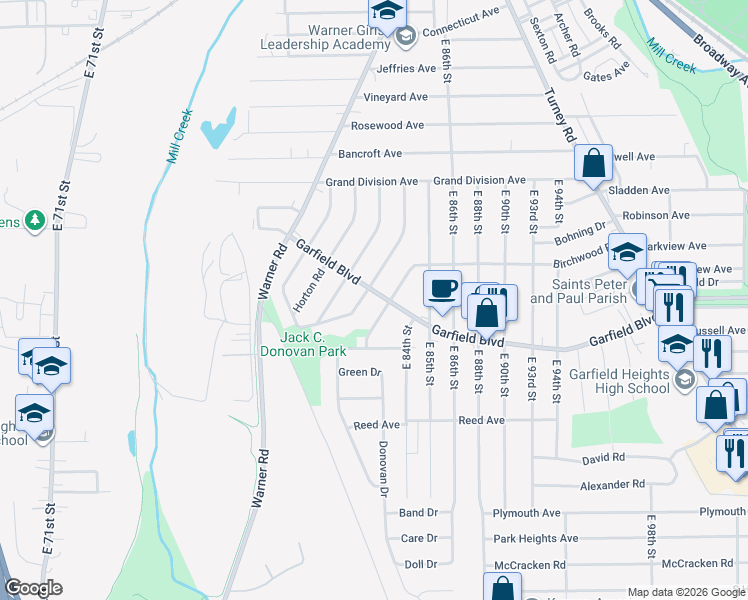 map of restaurants, bars, coffee shops, grocery stores, and more near 4760 Birchwood Road in Garfield Heights