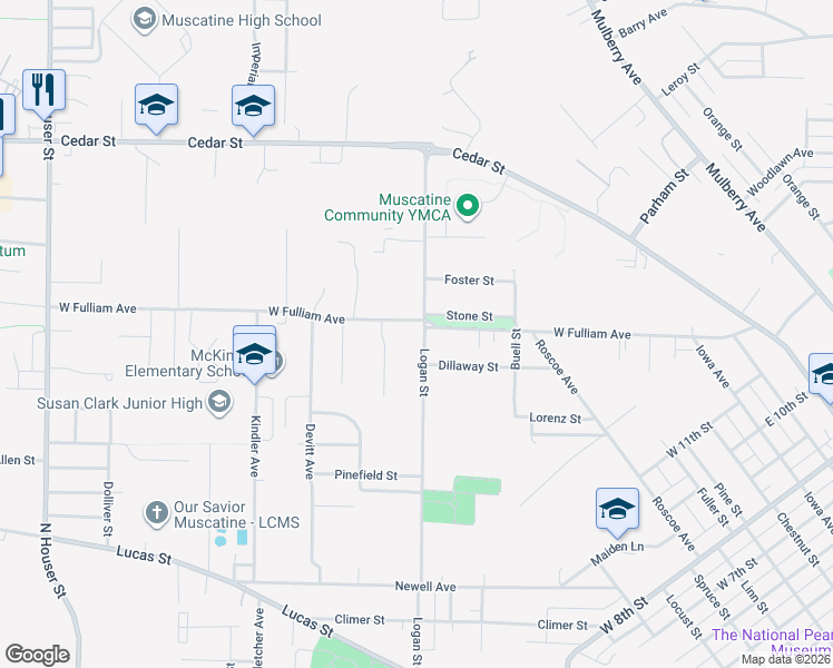 map of restaurants, bars, coffee shops, grocery stores, and more near 1800-1876 Logan St in Muscatine