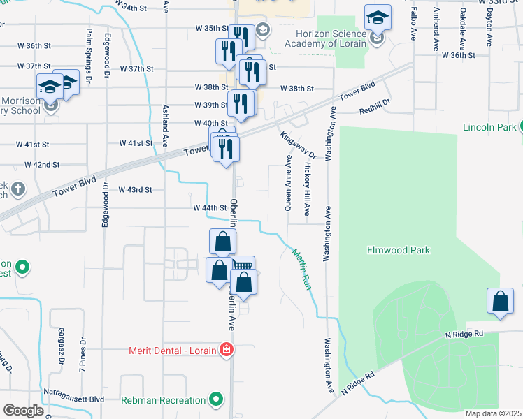 map of restaurants, bars, coffee shops, grocery stores, and more near 4444 Princess Anne Court in Lorain