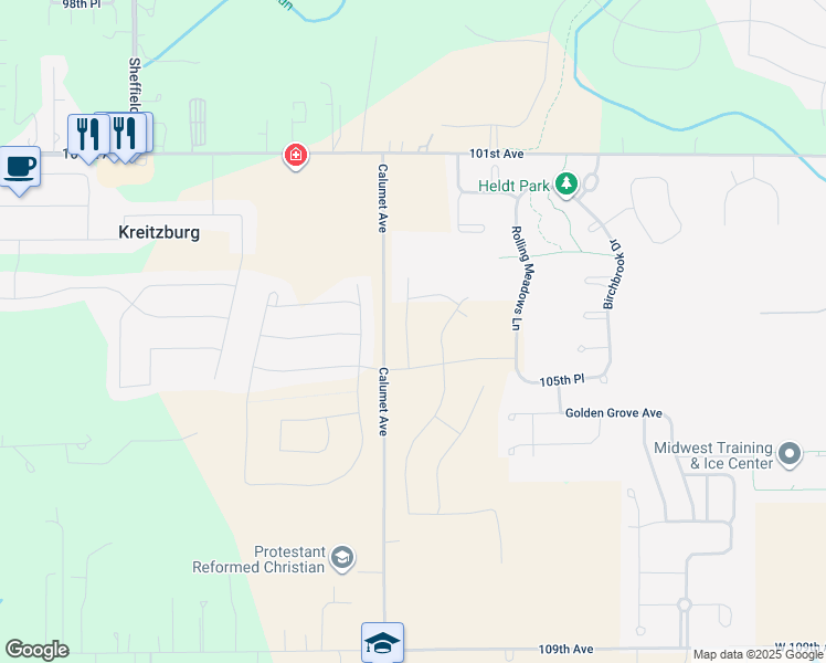 map of restaurants, bars, coffee shops, grocery stores, and more near 10401 Red Rock Place in Dyer