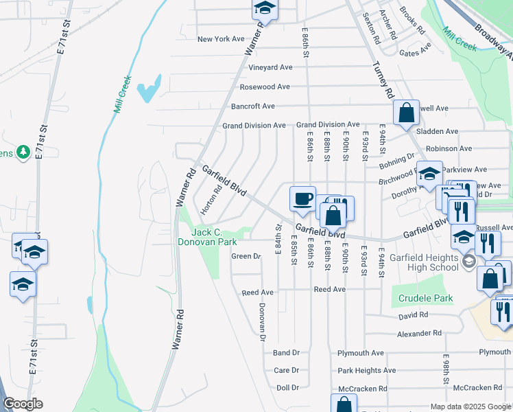 map of restaurants, bars, coffee shops, grocery stores, and more near 4760 Birchwood Road in Garfield Heights
