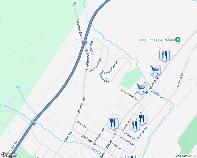 map of restaurants, bars, coffee shops, grocery stores, and more near 105 Ridgeview Dr in Scranton