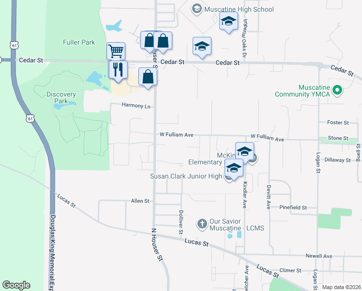 map of restaurants, bars, coffee shops, grocery stores, and more near 2707 Steeple Lane in Muscatine