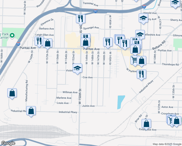 map of restaurants, bars, coffee shops, grocery stores, and more near 4560 West 148th Street in Cleveland