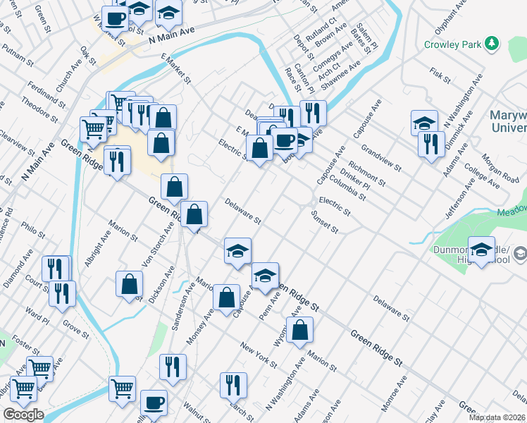 map of restaurants, bars, coffee shops, grocery stores, and more near 1643 Monsey Avenue in Scranton