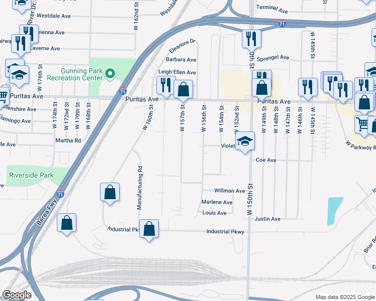 map of restaurants, bars, coffee shops, grocery stores, and more near 4587 West 157th Street in Cleveland