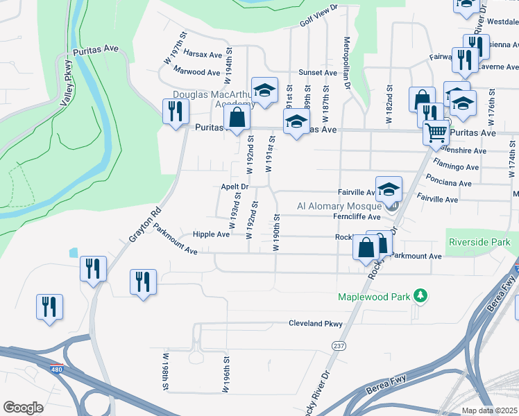 map of restaurants, bars, coffee shops, grocery stores, and more near 4611 West 192nd Street in Cleveland