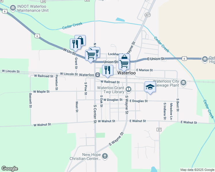 map of restaurants, bars, coffee shops, grocery stores, and more near 300 West Maple Street in Waterloo