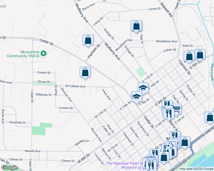 map of restaurants, bars, coffee shops, grocery stores, and more near 1118 Sycamore St in Muscatine