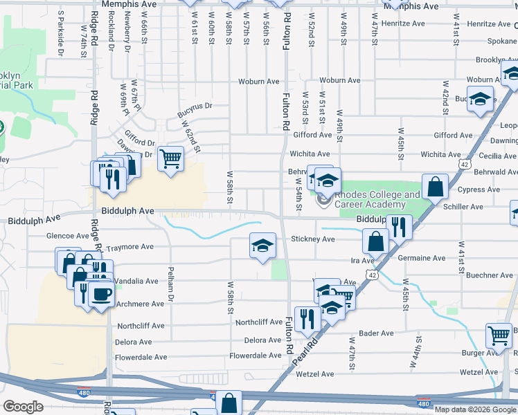 map of restaurants, bars, coffee shops, grocery stores, and more near 5517 Biddulph Road in Cleveland