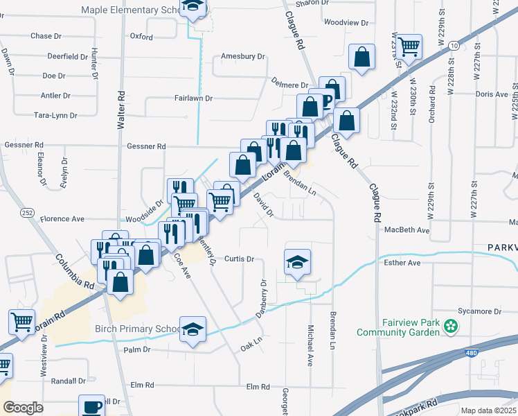 map of restaurants, bars, coffee shops, grocery stores, and more near 23845 David Drive in North Olmsted