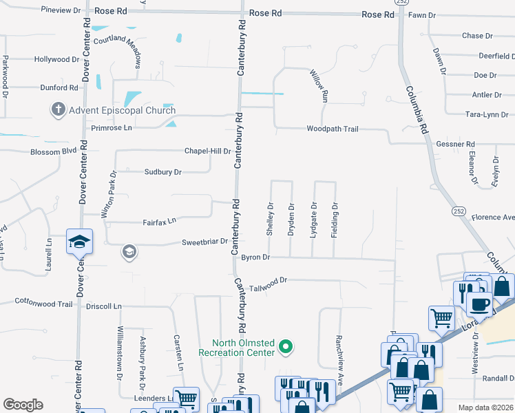 map of restaurants, bars, coffee shops, grocery stores, and more near 4074 Shelley Drive in North Olmsted