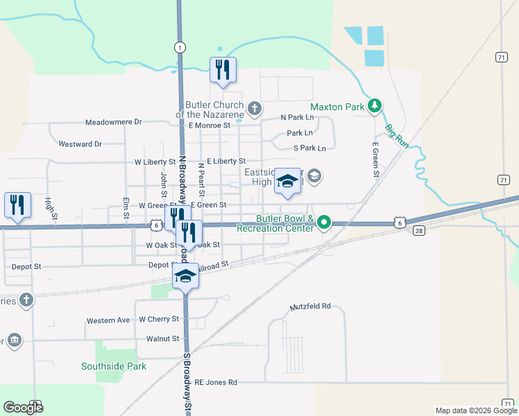 map of restaurants, bars, coffee shops, grocery stores, and more near 411 East Main Street in Butler