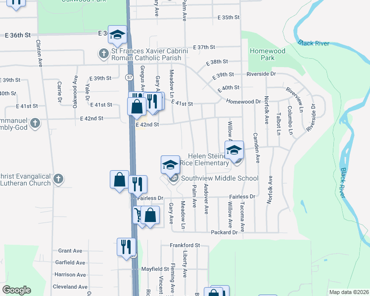 map of restaurants, bars, coffee shops, grocery stores, and more near 4324 Palm Avenue in Lorain