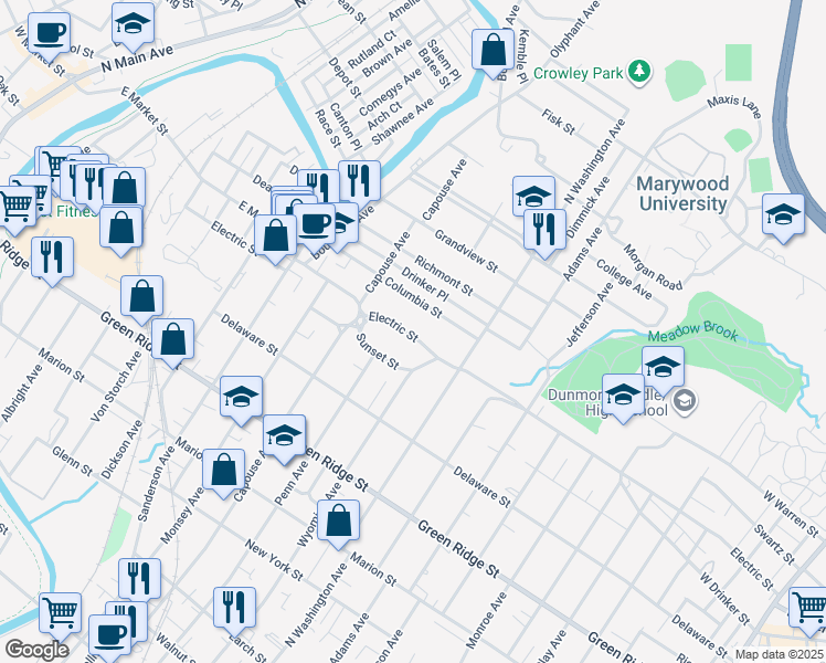 map of restaurants, bars, coffee shops, grocery stores, and more near 1034 Electric Street in Scranton
