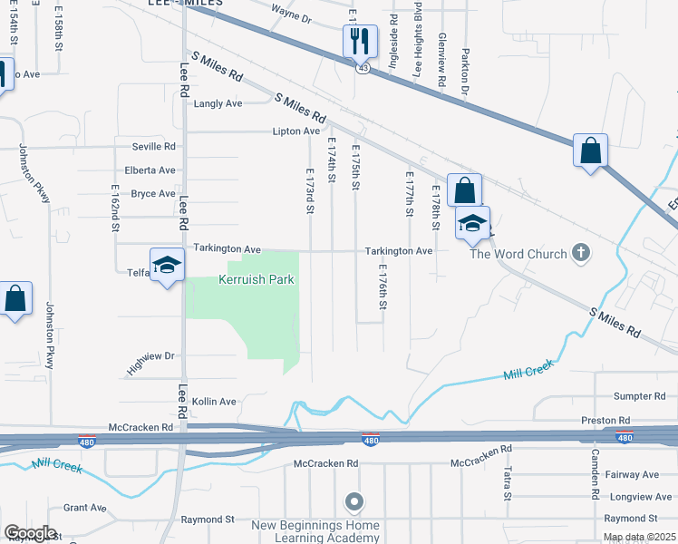 map of restaurants, bars, coffee shops, grocery stores, and more near 4760 East 174th Street in Cleveland