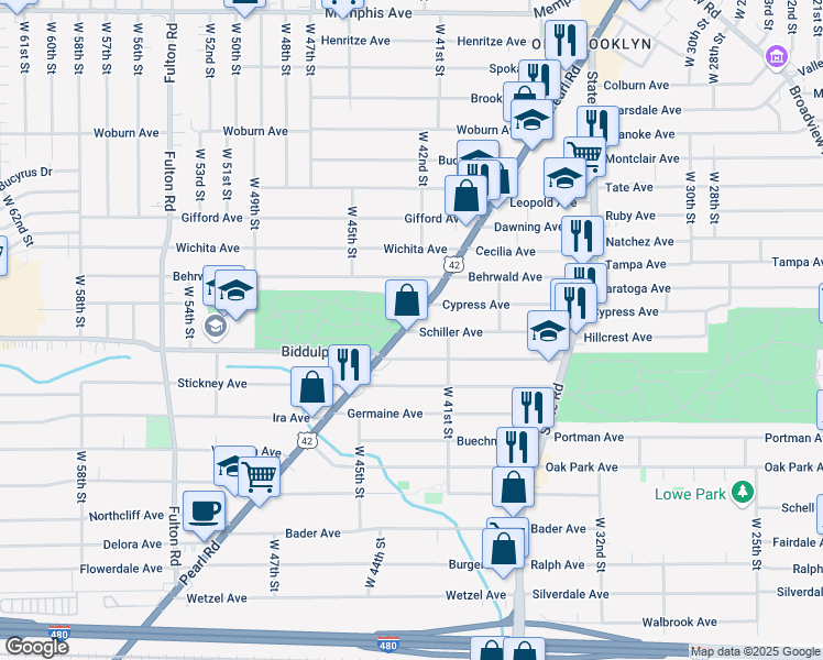 map of restaurants, bars, coffee shops, grocery stores, and more near 4212 Biddulph Avenue in Cleveland
