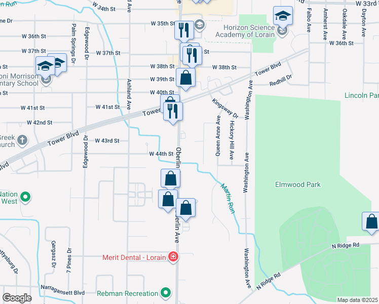 map of restaurants, bars, coffee shops, grocery stores, and more near 4469 Oberlin Avenue in Lorain