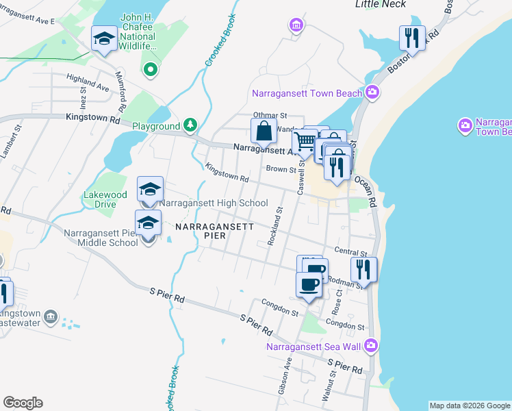 map of restaurants, bars, coffee shops, grocery stores, and more near 105A Central Street in Narragansett