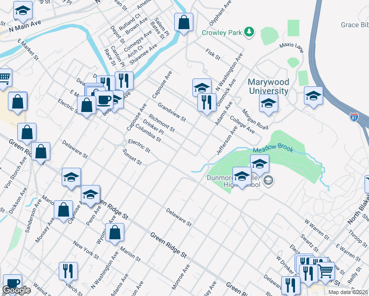 map of restaurants, bars, coffee shops, grocery stores, and more near 1200-1208 Evelyn Street in Scranton