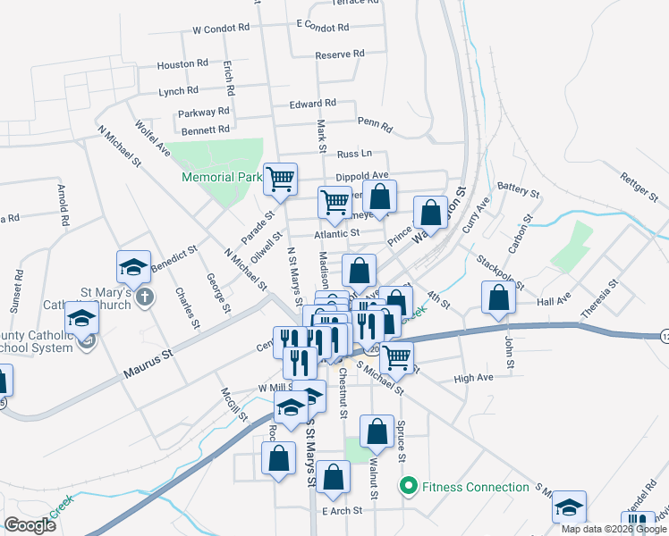 map of restaurants, bars, coffee shops, grocery stores, and more near 155 Washington St in St. Marys