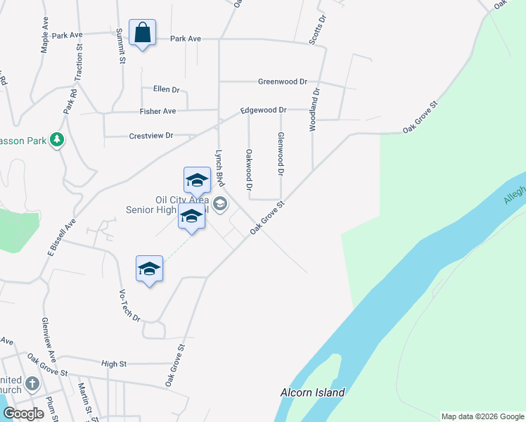 map of restaurants, bars, coffee shops, grocery stores, and more near 555 Oak Grove Street in Oil City