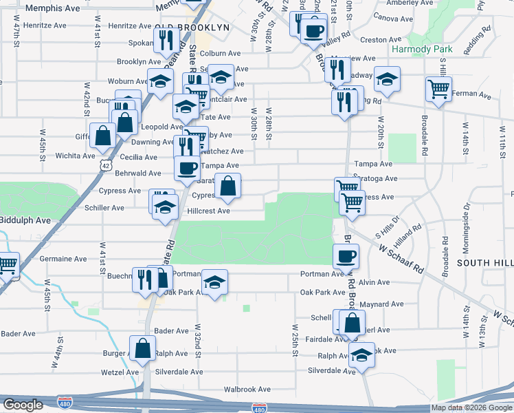 map of restaurants, bars, coffee shops, grocery stores, and more near 3009 Hillcrest Avenue in Cleveland