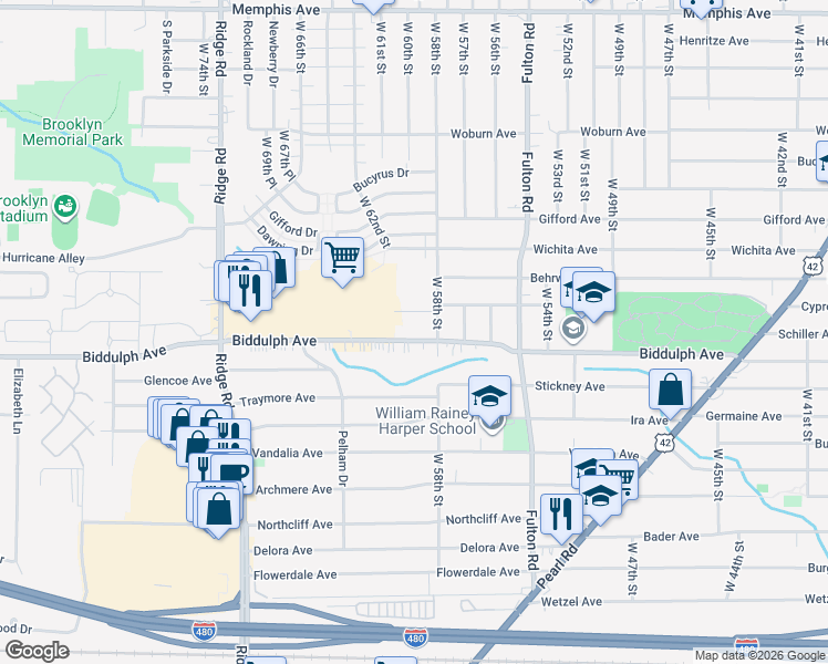 map of restaurants, bars, coffee shops, grocery stores, and more near 5901 Biddulph Road in Cleveland
