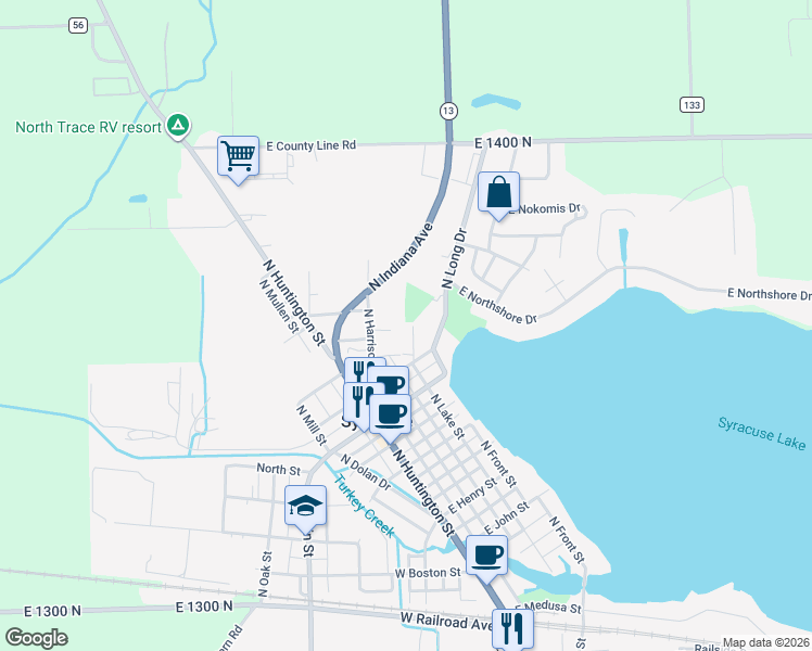 map of restaurants, bars, coffee shops, grocery stores, and more near 1004 North Harrison Street in Syracuse