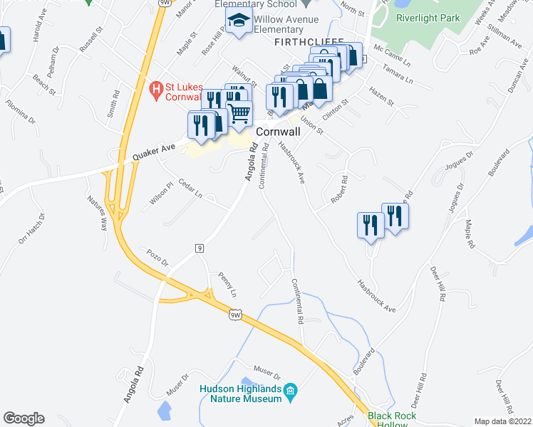 map of restaurants, bars, coffee shops, grocery stores, and more near 5 Golf Stream Drive in Cornwall