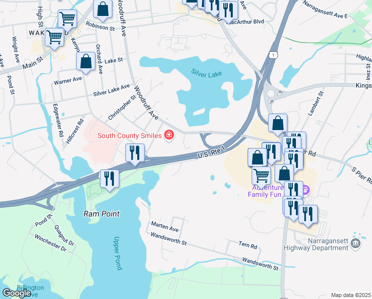 map of restaurants, bars, coffee shops, grocery stores, and more near 73 Fiore Drive in Narragansett