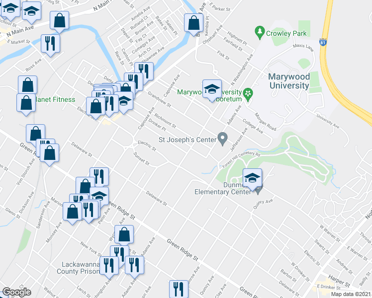 map of restaurants, bars, coffee shops, grocery stores, and more near 1901 North Washington Avenue in Scranton